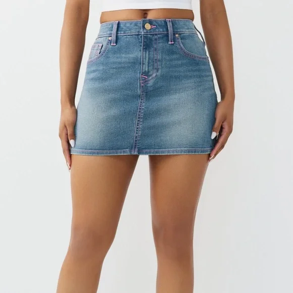 True Religion Blue Denim Mini Skirt with Pink Stitching - Picture 2 of 6